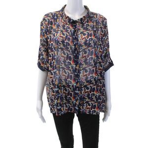 Lunn Womens Abstract Print Button Down Blouse Navy Blue Multi Colored Size Small